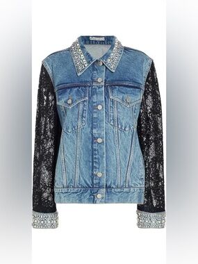Alice + Olivia Blue Denim Jacket with Black Lace Sleeves and Crystal Trim